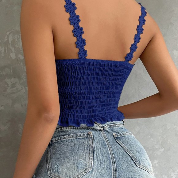 Blue Boho Frill Trim Shirred Back Lace Cami Top - Picture 3 of 6
